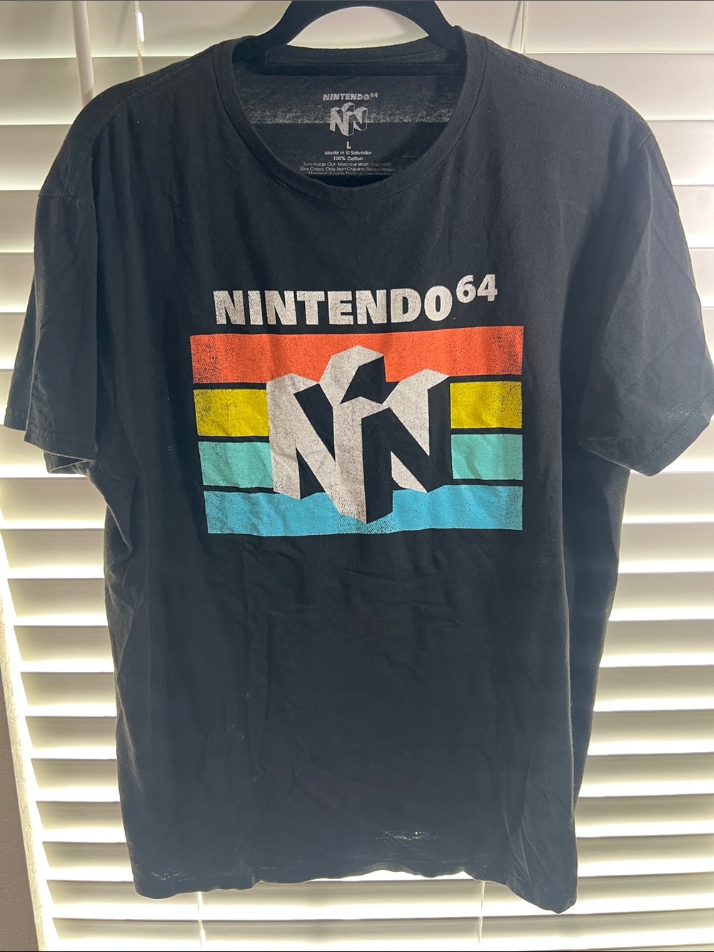 Nintendo 64 Black Tee with Retro Red Yellow Teal Stripes